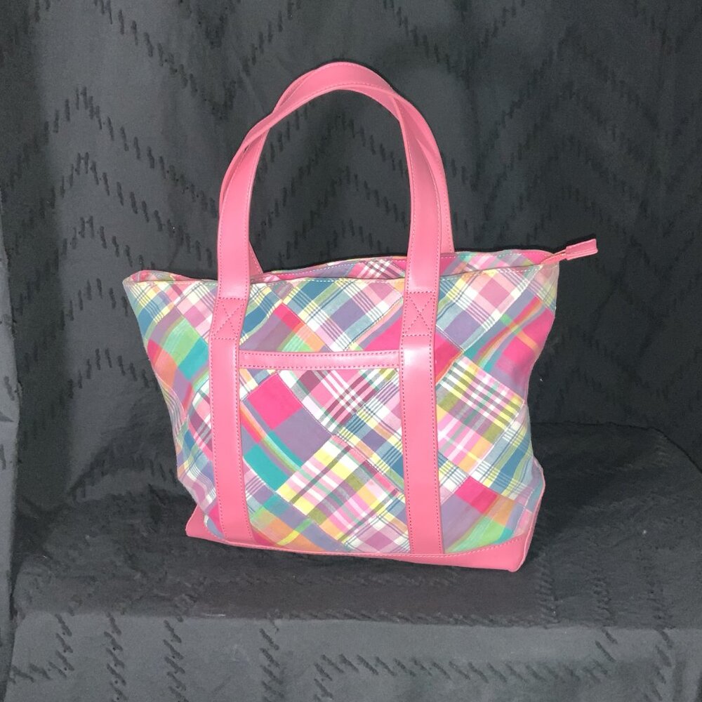 🎉Talbots Multi-Color Plaid Patchwork "Perfect Tote" - Pink Leather Trim